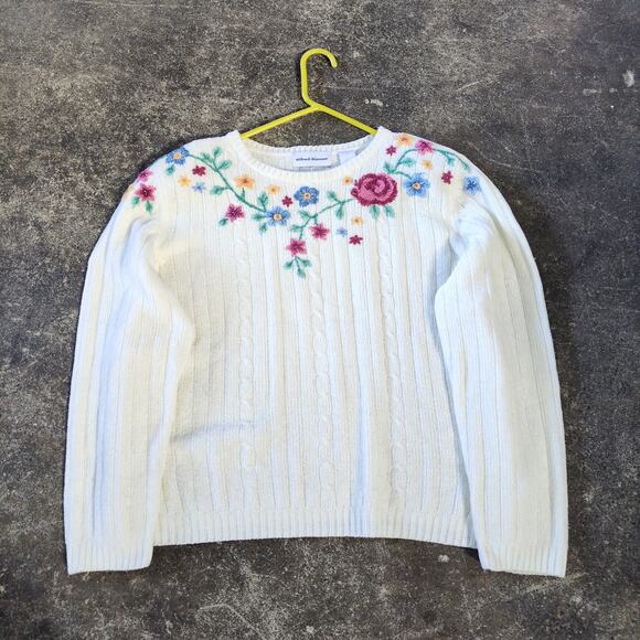 Vintage Alfred Dunner Sweater Womens L White Floral Embroidered Cottage Knit - Picture 1 of 8